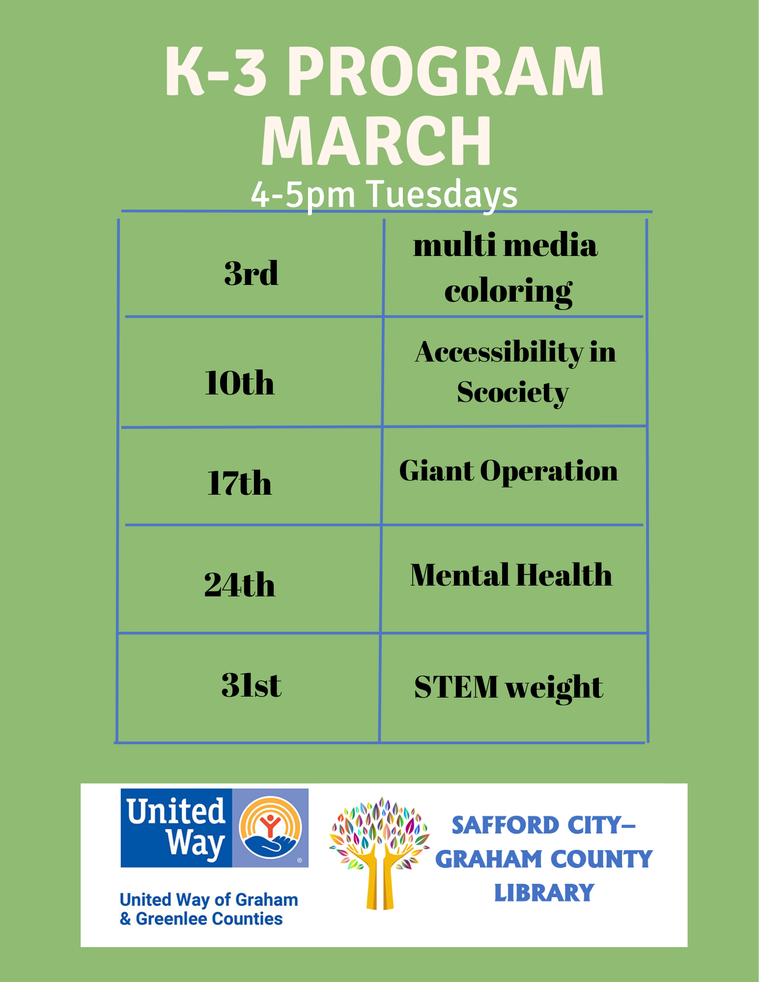K-3 Library Program Events for March